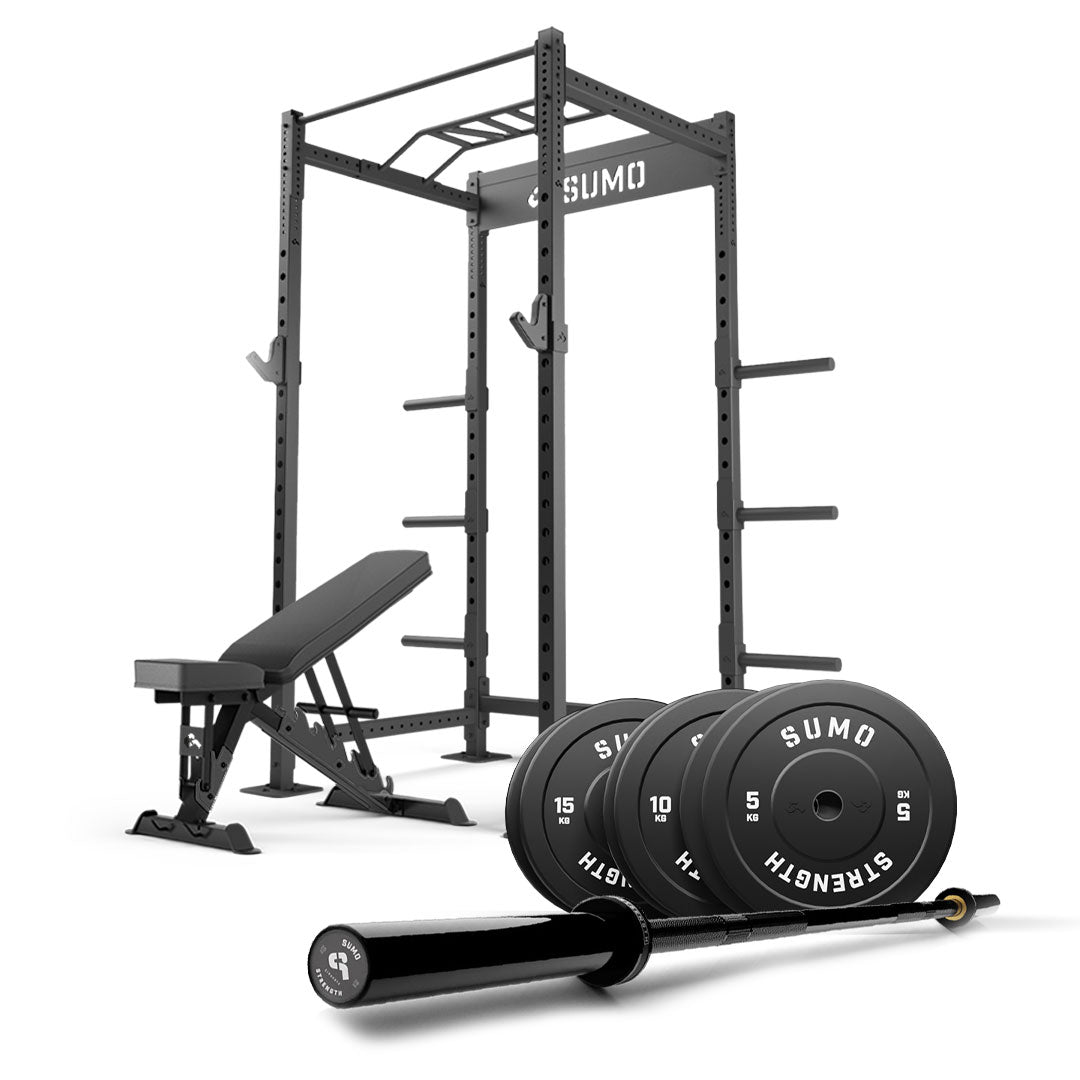 80kg Power Rack Package with Black Bumpers & Adjustable Bench