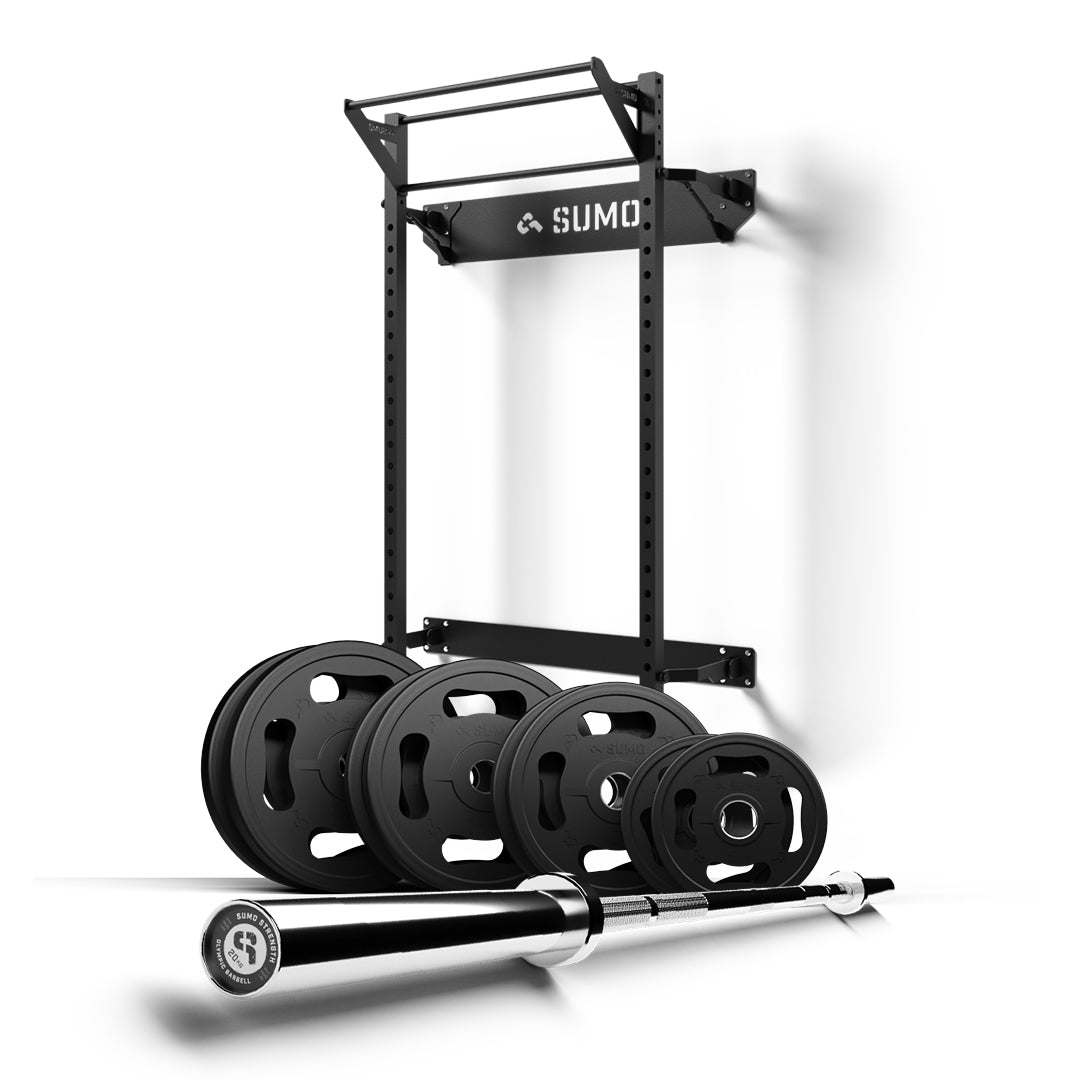 130kg Wall Mount Rack (fold up) Package with Quad Grip Plates