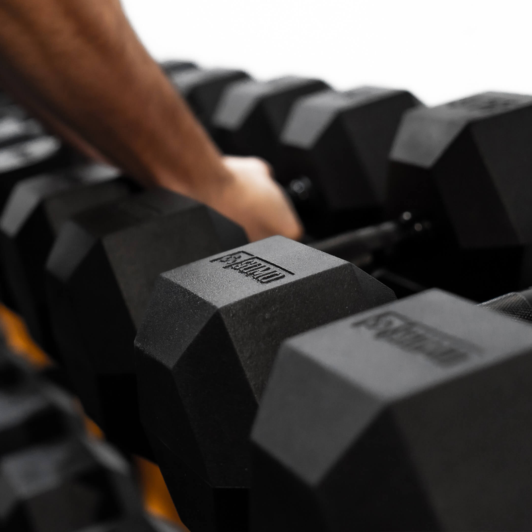 Black Hex Dumbbell Set with Rack (5-45kg) (close up)