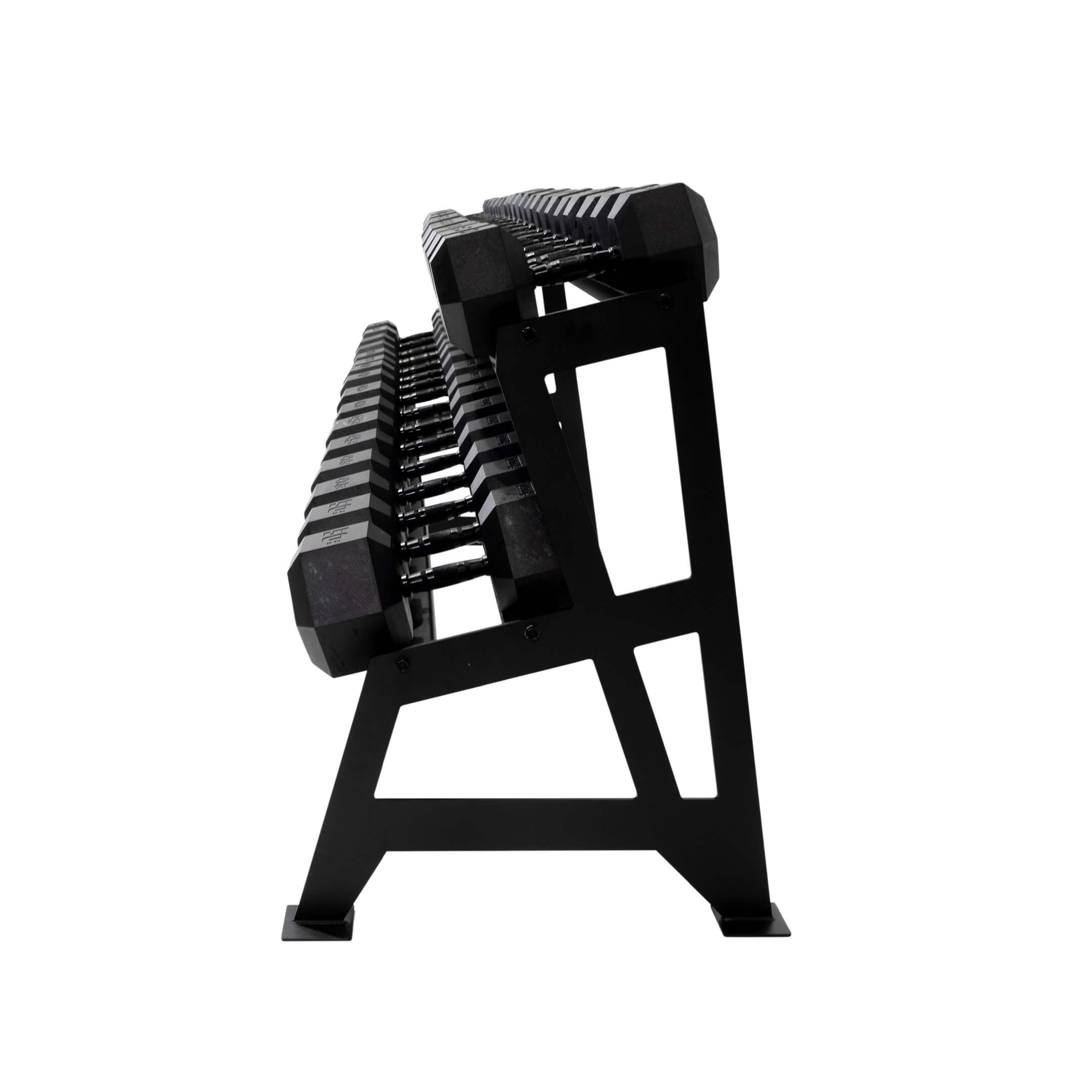 Black Hex Dumbbell Set with Rack (12.5-50kg) (side view)