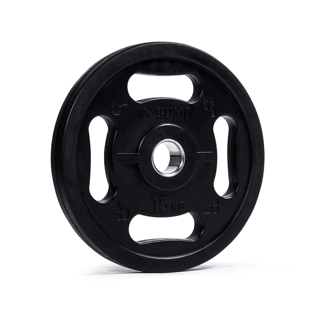 15kg 4-Grip Rubber Weight Plate (angle view)