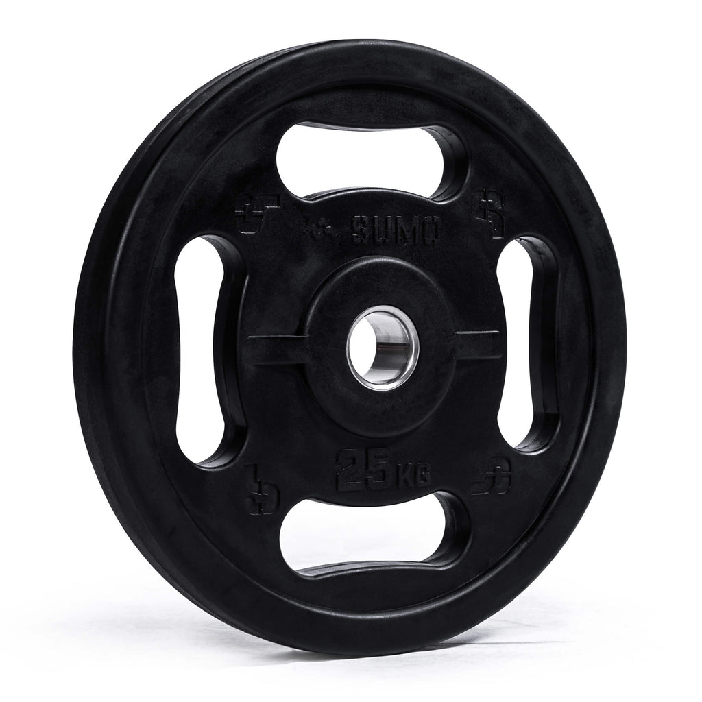 25kg 4-Grip Rubber Weight Plate (angle view)