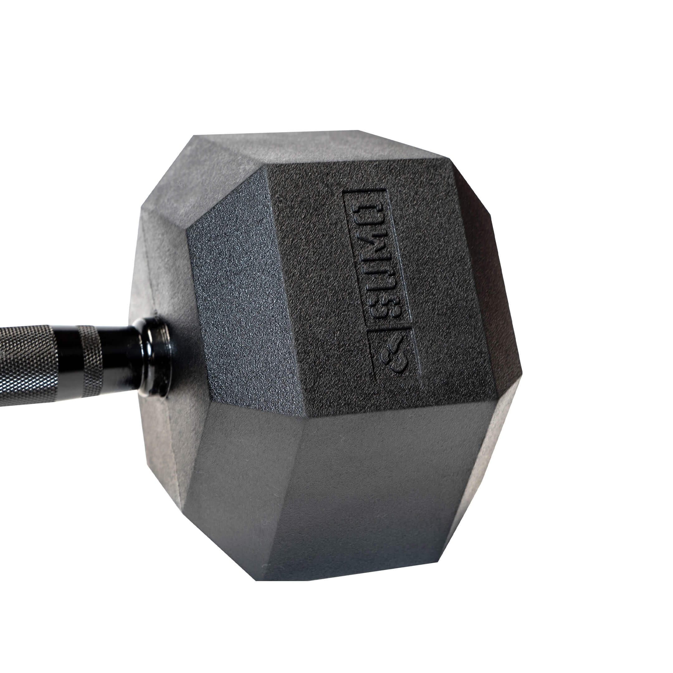 Black hex dumbbell (close up of branding)